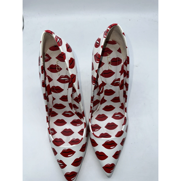 Aldo Stessy Lips Heels 8.5 White Red Print Pointed Toe Stiletto Pumps - Picture 6 of 11